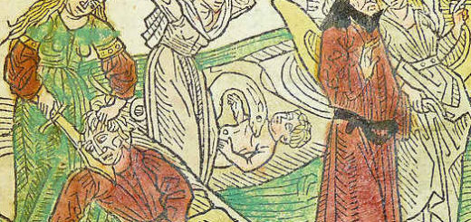 Woodcut illustration of Hypsipyle sparing her father Thoas