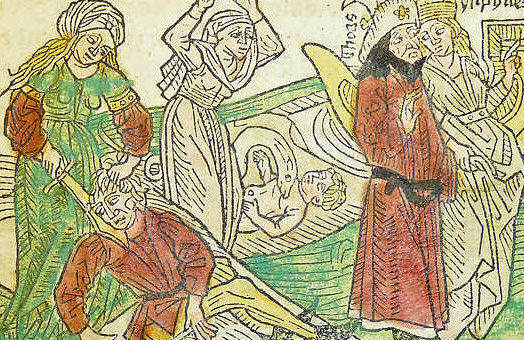 Woodcut illustration of Hypsipyle sparing her father Thoas